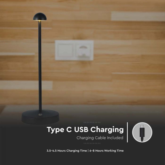 1,6W(130Lm) LED skrivbordslampa, V-TAC, IP20, DC:5V, 1800mAh litiumbatteri, svart, 3IN1