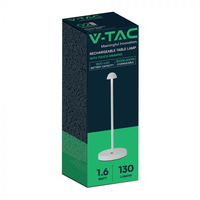 1,6W(130Lm) LED-bordslampa, V-TAC, IP20, DC:5V, 1800mAh litiumbatteri, vit, 3IN1
