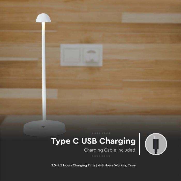 1,6W(130Lm) LED-bordslampa, V-TAC, IP20, DC:5V, 1800mAh litiumbatteri, vit, 3IN1