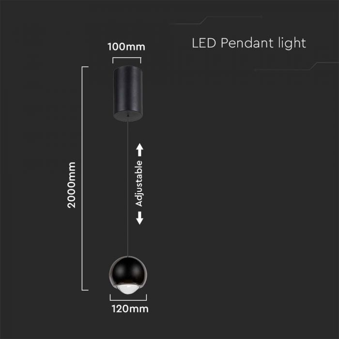 6W(500Lm) LED Dizaina gaismeklis, V-TAC, IP20, melns, silti balta gaisma 3000K