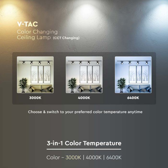 30W(3000Lm) LED track light (sliežu prožektors), IP20, V-TAC, melns,  141x150x105mm, 3IN1