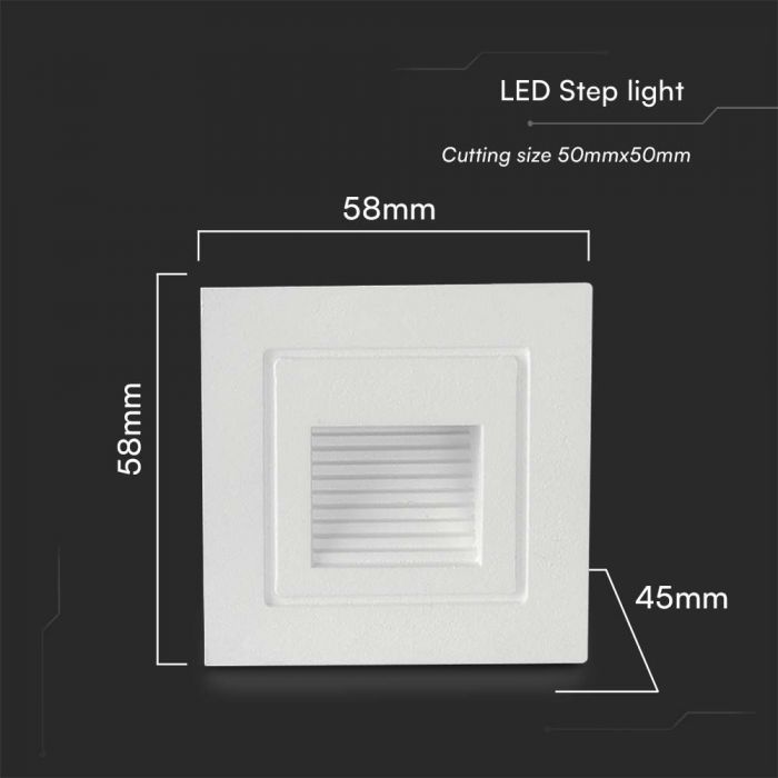 3W(180Lm) LED Kāpņu gaismeklis, V-TAC, kvadrāta, balts, IP65, silti balta gaisma 3000K