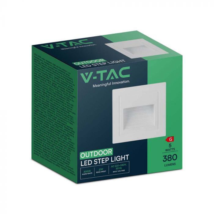5W(380Lm) LED Stair light, V-TAC, square, white, IP65, warm white light 3000K