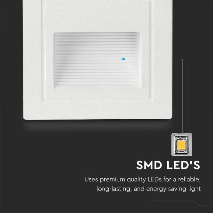 5W(380Lm) LED Kāpņu gaismeklis, V-TAC, kvadrāta, balts, IP65, silti balta gaisma 3000K