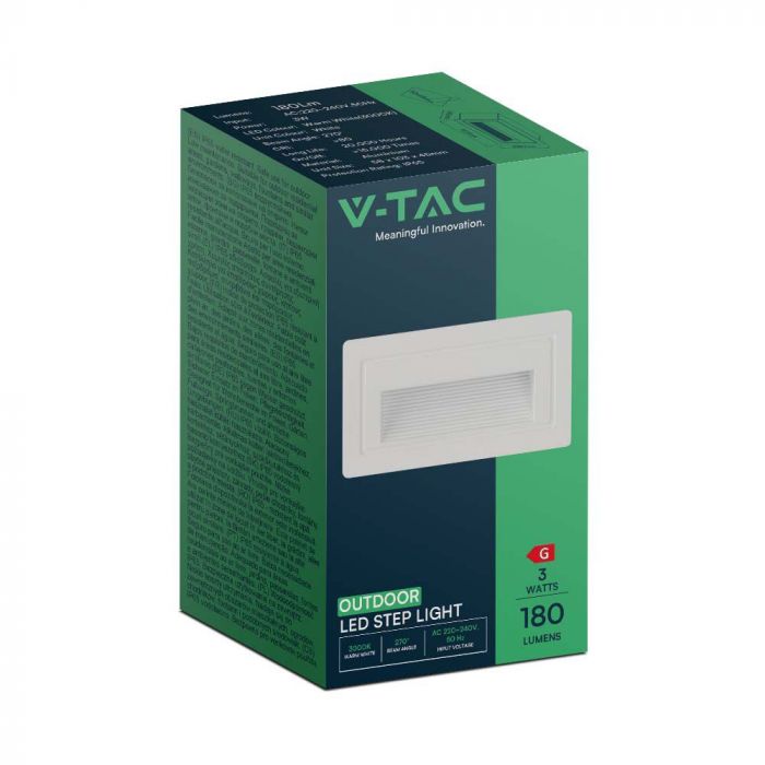 3W(180Lm) LED-trapphusarmatur, V-TAC, fyrkantig, vit, IP65, varmvitt ljus 3000K