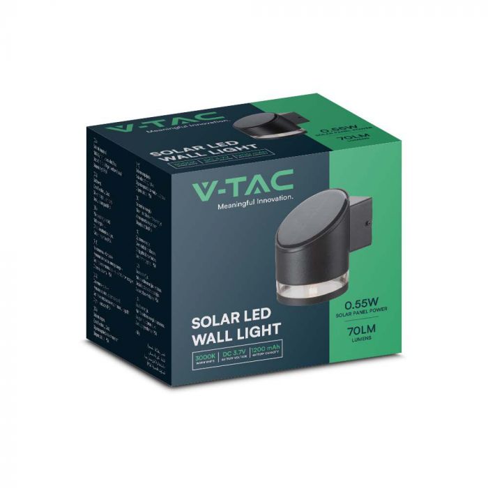 1W(70Lm) LED solārais fasādes gaismeklis, IP54, V-TAC, melns, 121.5x90x121mm, silti balta gaisma 3000K