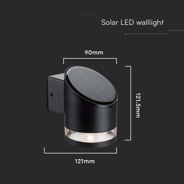 1W(70Lm) светодиодный солнечный передний светильник, IP54, V-TAC, черный, 121.5x90x121мм, теплый белый свет 3000K