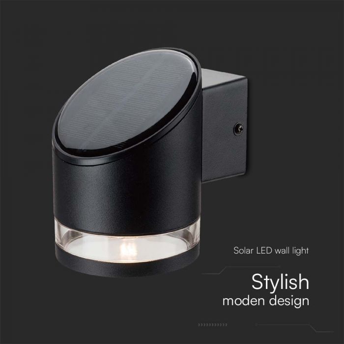 1W(70Lm) светодиодный солнечный передний светильник, IP54, V-TAC, черный, 121.5x90x121мм, теплый белый свет 3000K