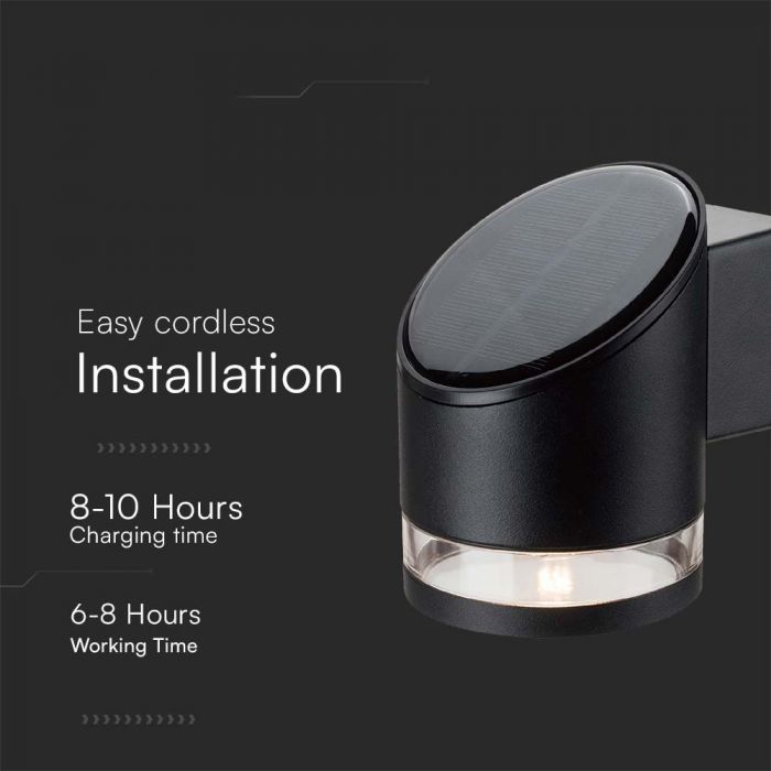 1W(70Lm) светодиодный солнечный передний светильник, IP54, V-TAC, черный, 121.5x90x121мм, теплый белый свет 3000K