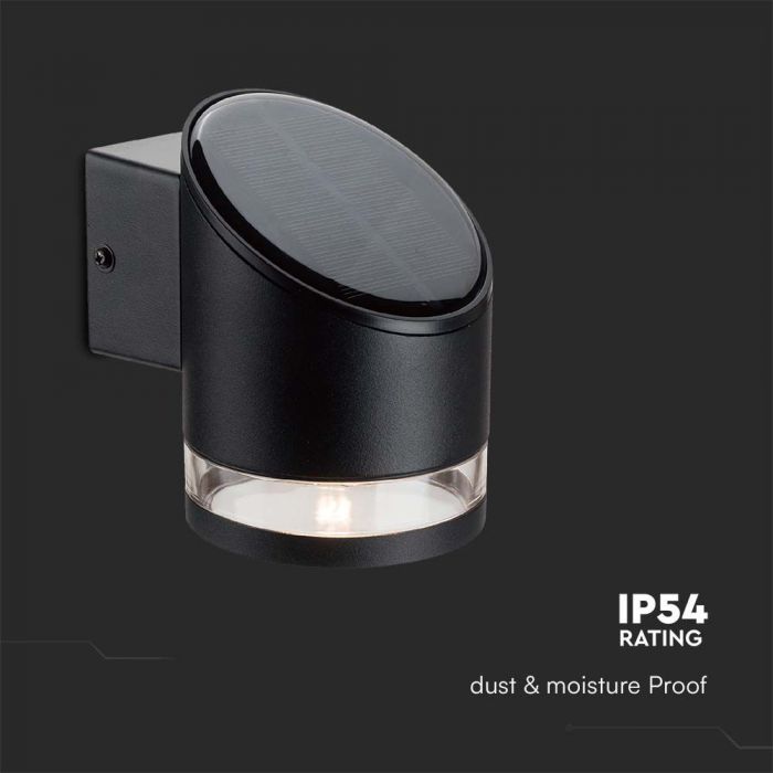 1W(70Lm) LED solārais fasādes gaismeklis, IP54, V-TAC, melns, 121.5x90x121mm, silti balta gaisma 3000K