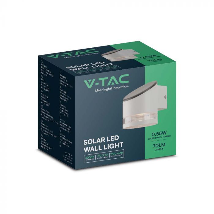 1W(70Lm) LED-solcellsfrontarmatur, IP54, V-TAC, vit, 121,5x90x121mm, varmvitt ljus 3000K