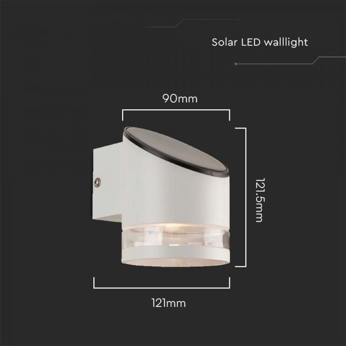 1W(70Lm) LED solārais fasādes gaismeklis, IP54, V-TAC,balts, 121.5x90x121mm, silti balta gaisma 3000K