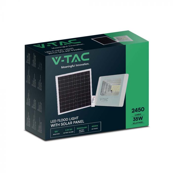 35W(2450Lm) LED Spotlight with solar cell, 30000mAh battery, V-TAC, IP65, black housing, neutral white light 4000K