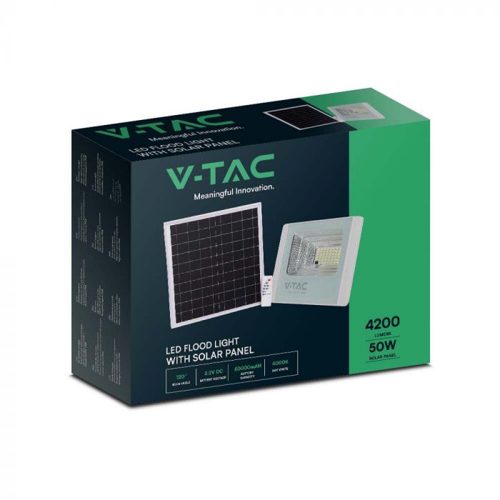 50W(4200Lm) LED spotlight with solar battery, IP65, V-TAC, 3.2V LifePO4 50000mAh Battery, with remote control, white, cold white light 6400K