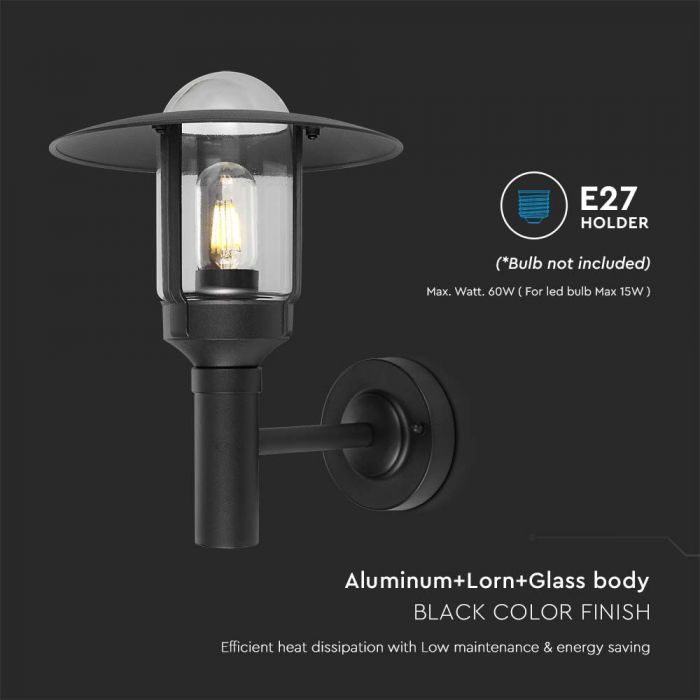 Facade lamp frame for 1xE27 bulb (not included), IP44, black, compatible with sensor, V-TAC