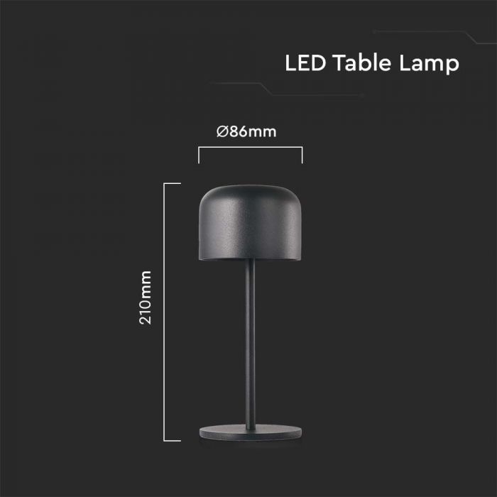 1.5W(150Lm) table lamp with built-in LED, V-TAC, IP54, 2000mAh Lithium battery, DC:5V, 1A-2A,, black, 2700K+5700K,