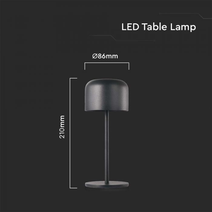1.5W(150Lm) galda lampa ar iebūvētu LED, V-TAC, IP54, 2000mAh Litija baterija, DC:5V, 1A-2A,, melna, 2700K+5700K,