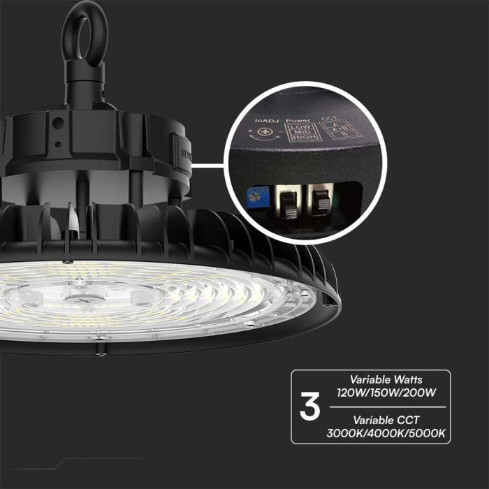 200W(27000Lm) 160Lm)W LED UFO noliktavas gaismeklis 3IN1, IP65, IK08, melns, garantija 5 gadi, D(2021)
