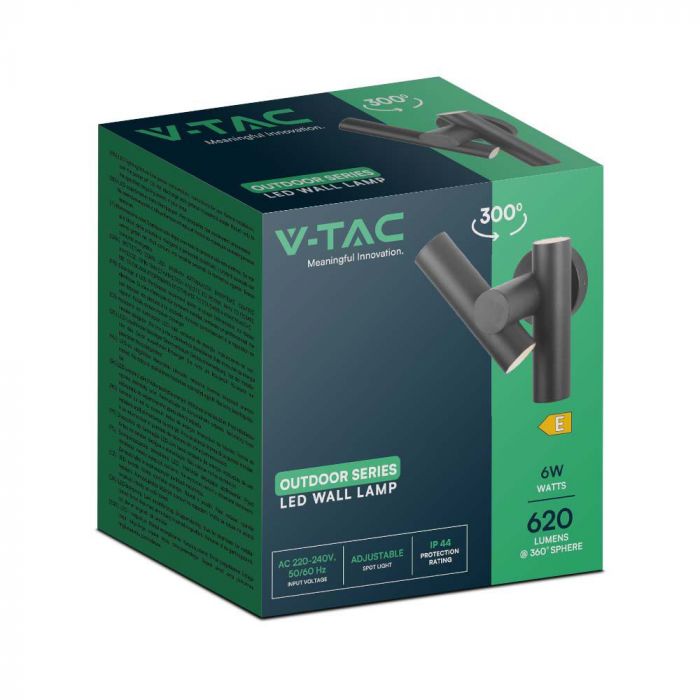 6W(620Lm) LED divvirzienu fasādes/sienas gaismeklis, V-TAC, IP44, melns, neitrāli balta gaisma 4000K