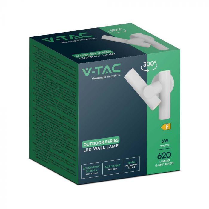 6W(620Lm) LED dubbelriktad fasad/väggarmatur, V-TAC, IP44, vit, neutralvit 4000K