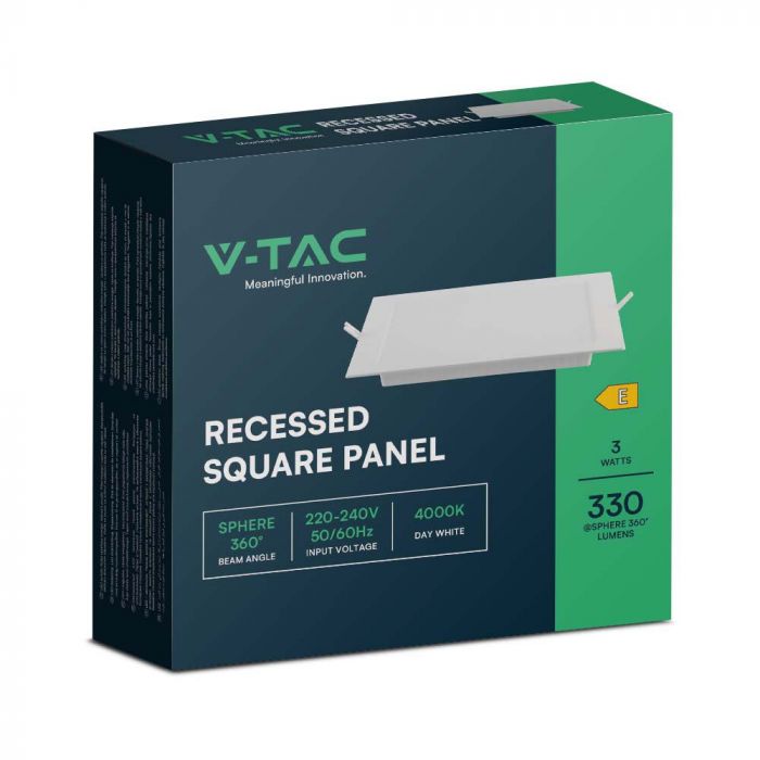 3W(330Lm) LED süvistatav paneel, V-TAC, IP20, kandiline, valge, 90x90x28,2mm, süvistatav. 70mm, neutraalne valge valgus 4000K