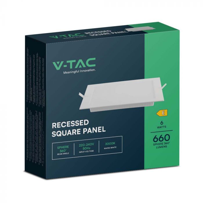 6W(660Lm) LED Panelis iebūvējams kvadrāta, V-TAC, IP20, balts, 120x120x28,4mm, iebūv.izm 92mm, silti balta gaisma 3000K