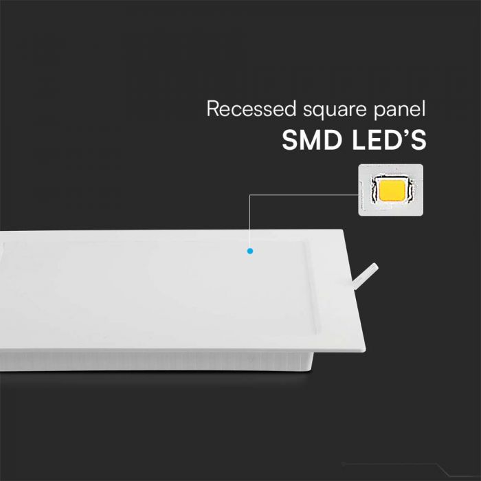6W(660Lm) LED Panelis iebūvējams kvadrāta, V-TAC, IP20, balts, 120x120x28,4mm, iebūv.izm 92mm, silti balta gaisma 3000K