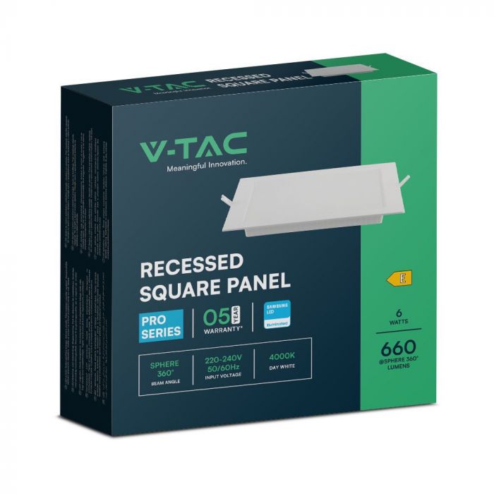 6W(660Lm) LED paneel süvistatav, ruudukujuline, V-TAC SAMSUNG, IP20, 120.5x120.5x28.4mm, neutraalne valge valgus 4000K SQ