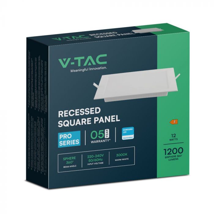 12W(1200Lm) LED paneel süvistatav, kandiline, valge, V-TAC SAMSUNG, IP20, 5 aasta garantii, soe valge valgus 3000K