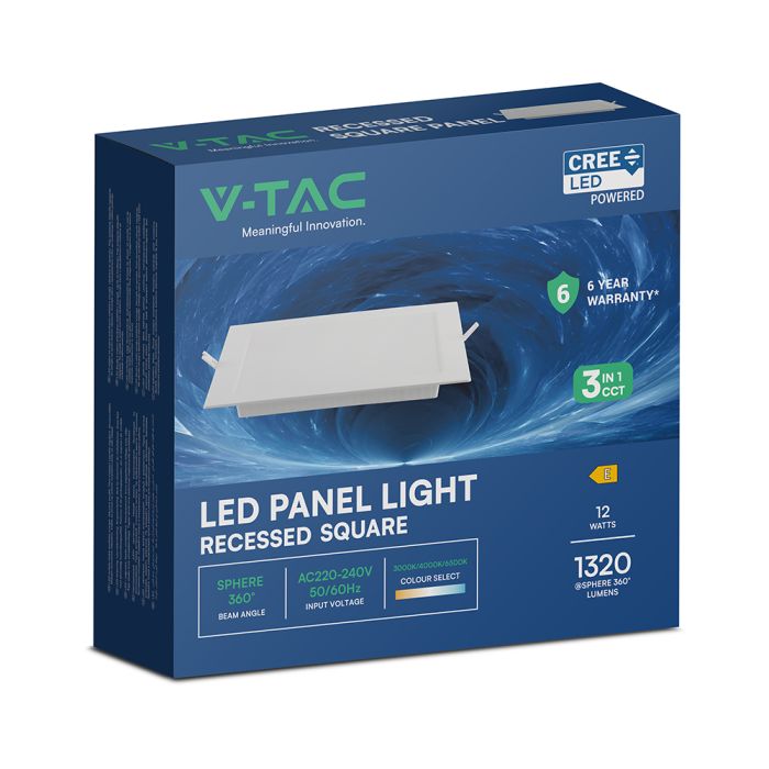 12W(1320Lm) LED CREE panelis iebūv., balts, kvadrāts, 170x170x28,4mm, iebūv. izm 130mm, IP20, V-TAC, 3IN1