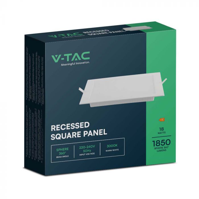 18W(1850Lm) LED-panel, infälld, kvadratisk, V-TAC, IP20, 220x220x28,8mm, infälld. 170mm, varmvitt ljus 3000K