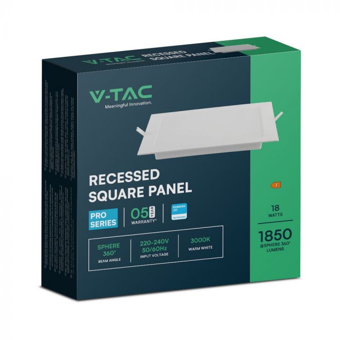 18W(1850Lm) LED panelis iebūvējams, kvadrāta, balts, V-TAC SAMSUNG, IP20, garantija 5 gadi, silti balta gaisma 3000K