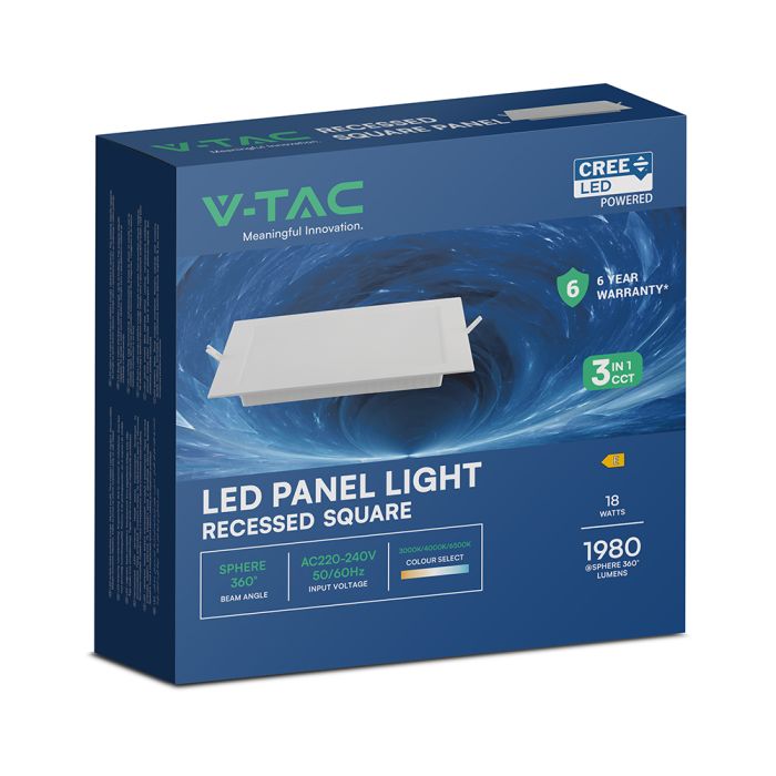 18W(1980Lm) CREE LED panelis, balts, kvadrāts, 220x220x28,8mm, iebūv. izm 170mm, IP20, V-TAC, iebūvējms, 3IN1