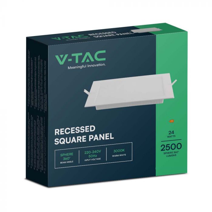 24W (2500Lm) LED paneel süvistatav ruut, V-TAC, IP20, soe valge valgus 3000K, koos toiteplokiga.