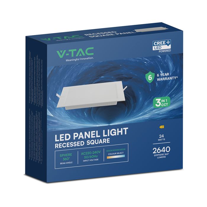 24W(2640Lm) LED CREE panelis, balts, kvadrāts, 293x293x28,8mm, iebūv. izm 242mm, IP20, V-TAC, iebūvējams, 3IN1