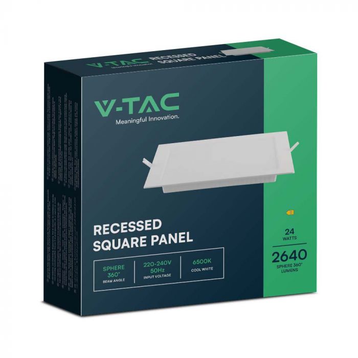 24W(2500Lm) LED panelis iebūvējams, kvadrāta, V-TAC, IP20, 293x293x28,8mm, iebūv. izm 242mm , auksti balta gaisma 6500K