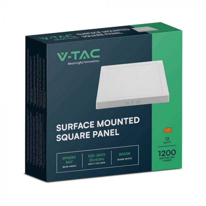 12W(1200Lm) LED  virsapmetuma panelis, V-TAC, IP20, kvadrāta, balts, silti balta gaisma 3000K SQ
