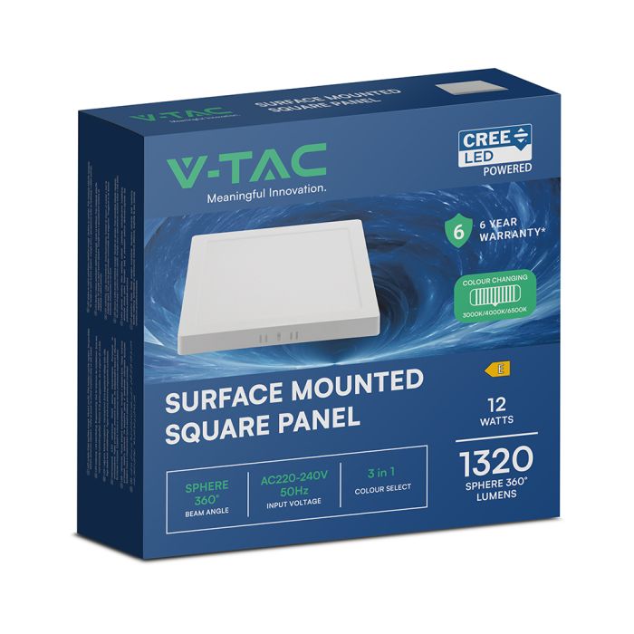 12W(1320Lm) LED virsapmetuma panelis, V-TAC, IP20, 3IN1, kvadrata, balts