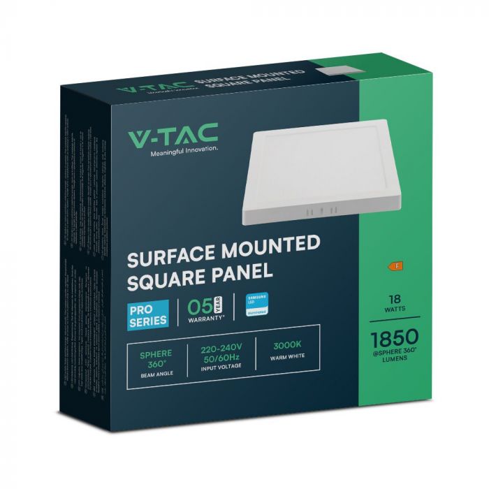 18W(1850Lm) LED-kupolarmatur, V-TAC SAMSUNG, IP20, fyrkantig, vit, varmvitt ljus 3000K
