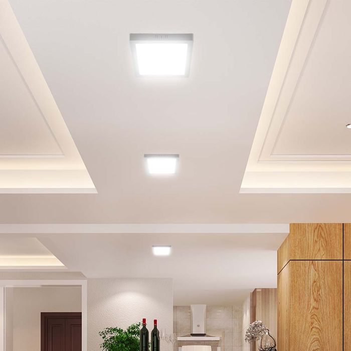 18W(1980Lm) LED kvadrātveida virsapmetuma panelis, V-TAC VT-60018CCT, CREE SMD, 110Lm/W, IP20, balts, 214x214x31mm, 120°, 6 gadu garantija, 3in1 gaisma 3000K/4000K/6500K