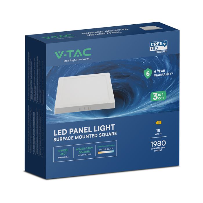 18W(1980Lm) LED kvadrātveida virsapmetuma panelis, V-TAC VT-60018CCT, CREE SMD, 110Lm/W, IP20, balts, 214x214x31mm, 120°, 6 gadu garantija, 3in1 gaisma 3000K/4000K/6500K