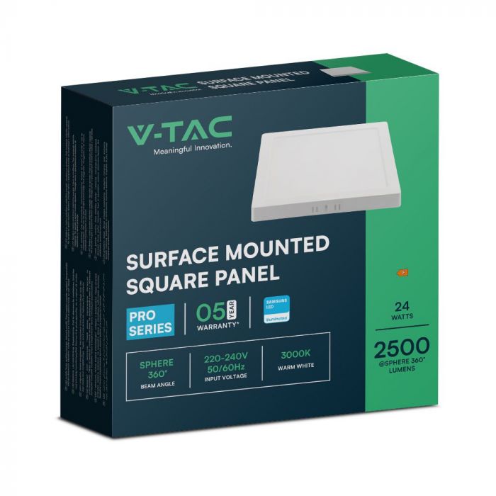 24W (2500Lm) LED pinnapealne paneel, V-TAC SAMSUNG, IP20, ruudukujuline, valge, soe valge valgus 3000K SQ