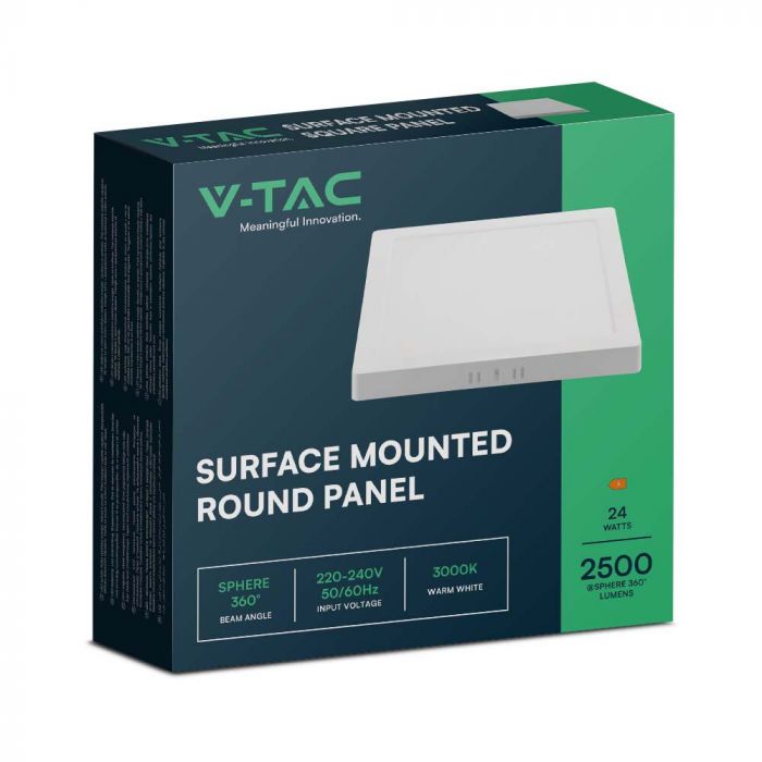 24W (2640Lm) LED pinnapealne paneel, V-TAC, IP20, kandiline, valge, soe valge valgus 3000K SQ