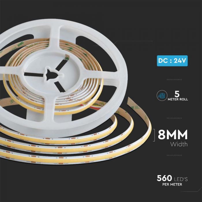 Cena par 1m_18W(1135Lm/m)  24V 560 LED COB lente,8mm, V-TAC, IP20 ūdensnedroša, 3IN1