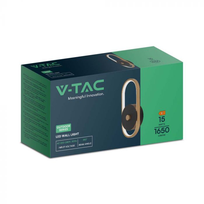 15W(1650Lm) LED fasādes gaismeklis, V-TAC, IP54, Melns + antīkais misiņš, silti balta gaisma 3000K
