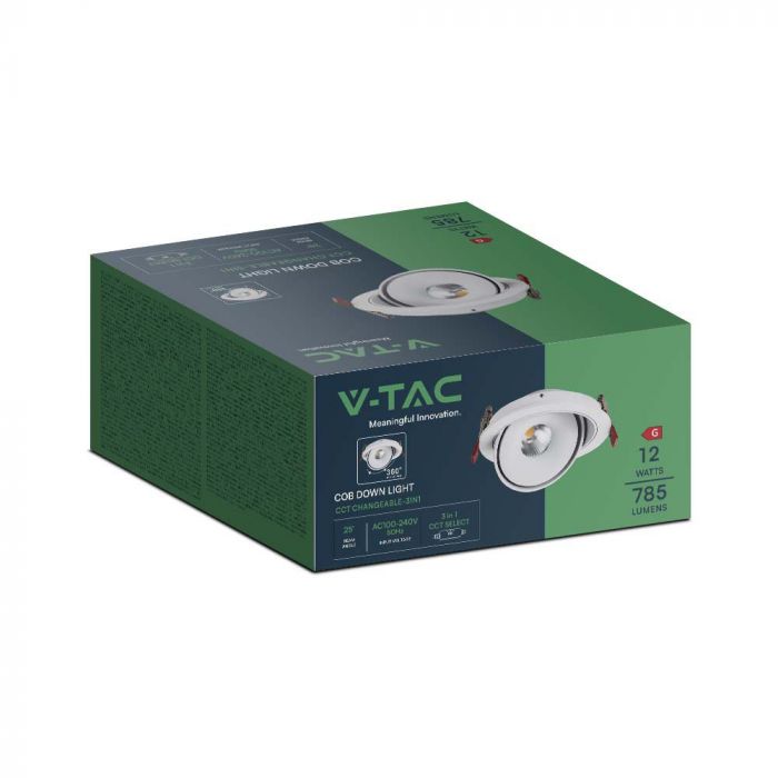 12W(785Lm) COB LED iebūvējams griestu gaismeklis, V-TAC, IP20, balts, 3IN1