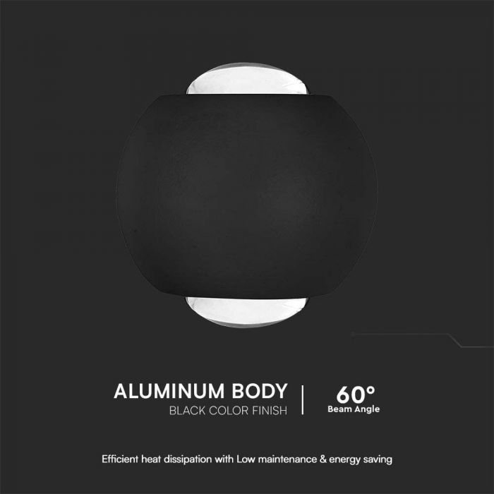 2W(200Lm) COB LED Fasādes gaismeklis, V-TA, IP54, melns, silti balta gaisma 3000K
