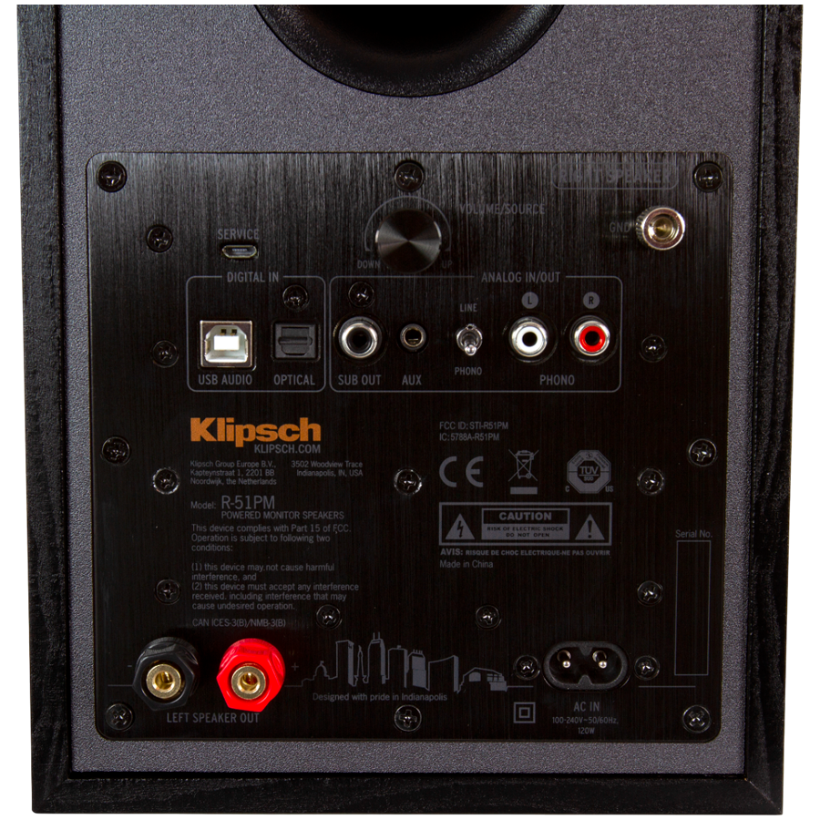 Klipsch Reference R-51PM aktīvie plaukta skaļruņi, 120 W, Bluetooth, USB-B, optiskā un RCA ieeja, melni, 2 gab.