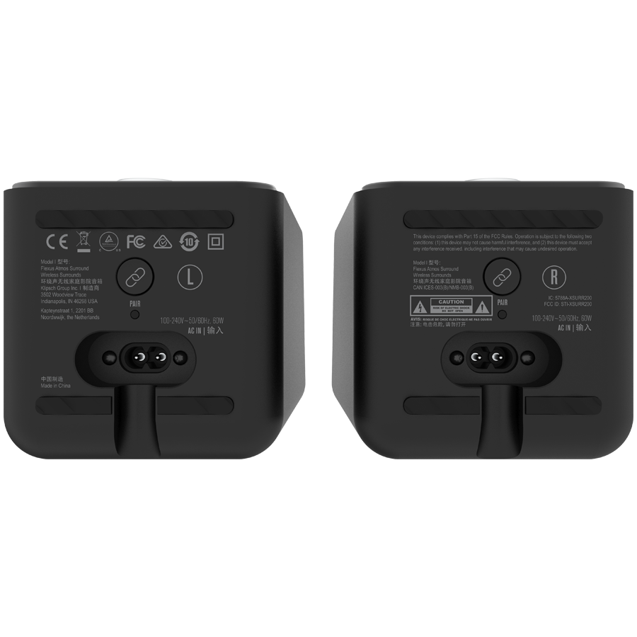 Klipsch Flexus SURR 200 bezvadu Dolby Atmos telpiskās skaņas skaļruņi, 2.0, 2 × 76 mm, Flexus Transport, melni, 2 gab.