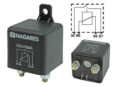 12V 100ASlēdža relejs Jaudas modelis, 100A, 4-pin. 2 x M6 + 2 x 6,3mm, B-coupling